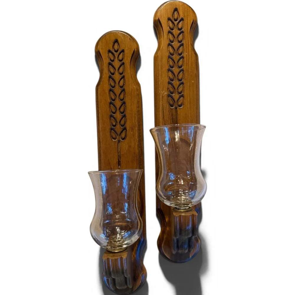 Vintage Pair Wooden Wall Sconce Candle Holders Carved Wheat | Early American